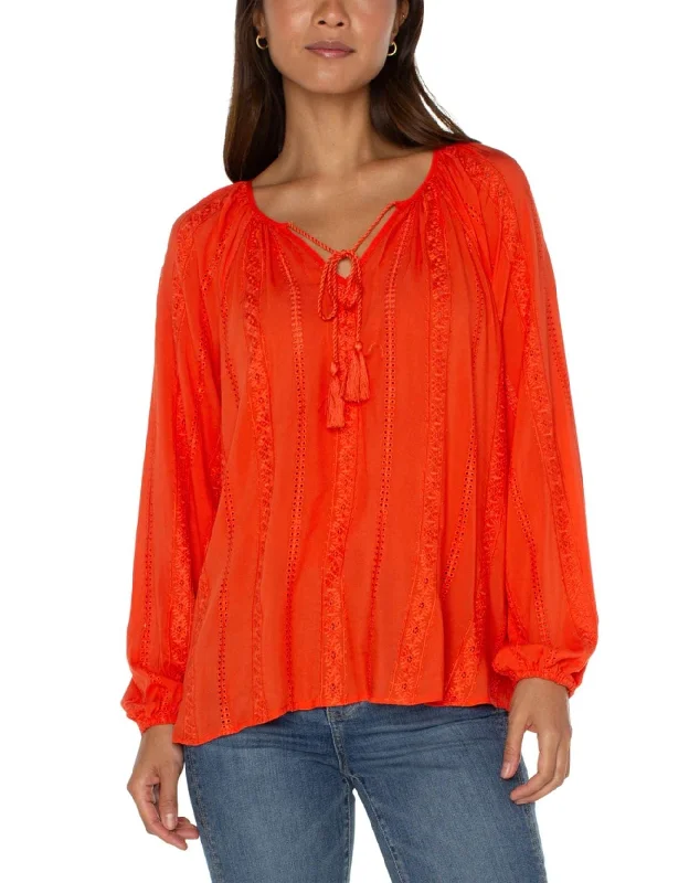 women's tops with bell sleevesLiverpool Shirred Blouse W/Neck Ties CORAL BLAZE