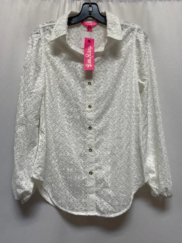 women's long sleeve tops with polka dotsTop Long Sleeve By Lilly Pulitzer In White, Size: S