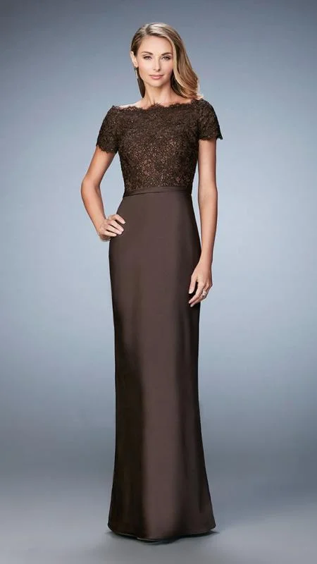 women's wrap dressesLa Femme - 21962SC Off-Shoulder Beaded Lace Sheath Evening Dress