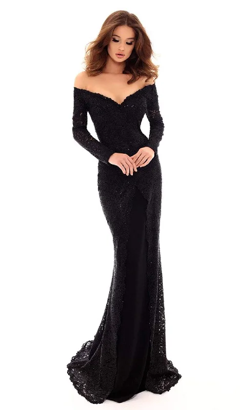 women's maximalist dressesTarik Ediz - Off Shoulder Lace Fitted Bodice Evening Dress 93718