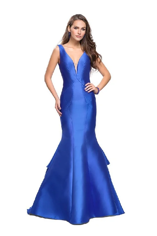 women's sheath dressesLa Femme Gigi Plunging V-neck Mikado Mermaid Evening Gown 26046 - 1 pc Electric Blue In Size 4 Available