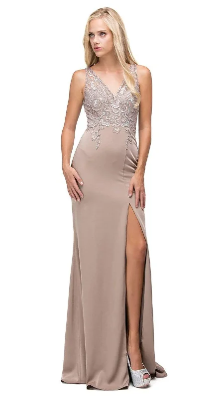 women's travel dressesDancing Queen - 9704 Cutout Illusion Back Beaded Bodice Evening Dress - 1 Pc. Tan in size Medium Available