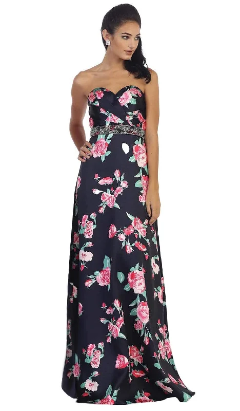 women's satin dressesMay Queen - Strapless Floral Print Evening Gown MQ1403