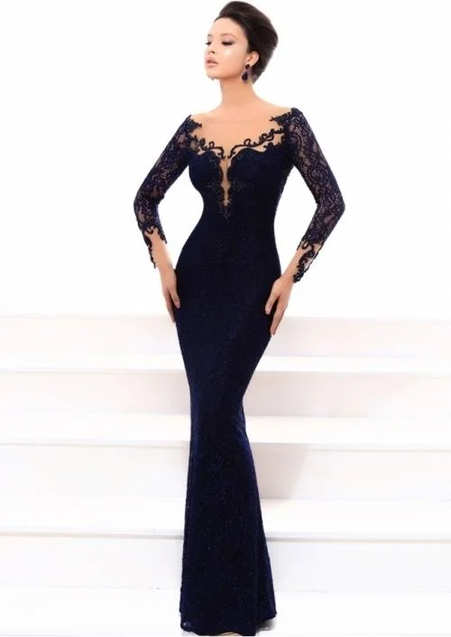 women's versatile dressesTarik Ediz Lace Embellished Long Sleeves Evening Gown 93334 - 1 pc Navy In Size 8 Available