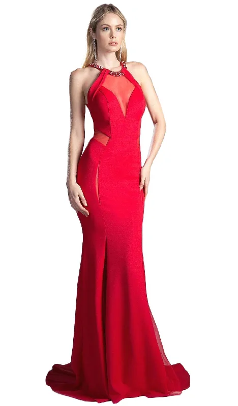 women's ruffle dressesCinderella Divine - Sheer Halter Fitted Trumpet Evening Dress CE0007