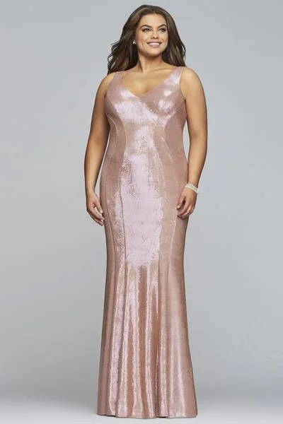 women's apple-shaped body dressesFaviana - 9453SC Seamed Metallic Jersey Sheath Evening Gown