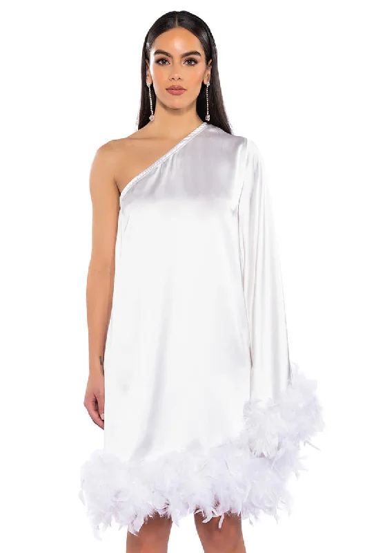 women's ball gown dressesJOSIE ONE SLEEVE FEATHER MINI DRESS