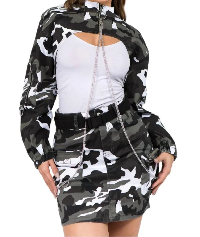 women's coats for those who prefer classic over trendyEdgy Camo Cropped Jacket With Chains In City Camo