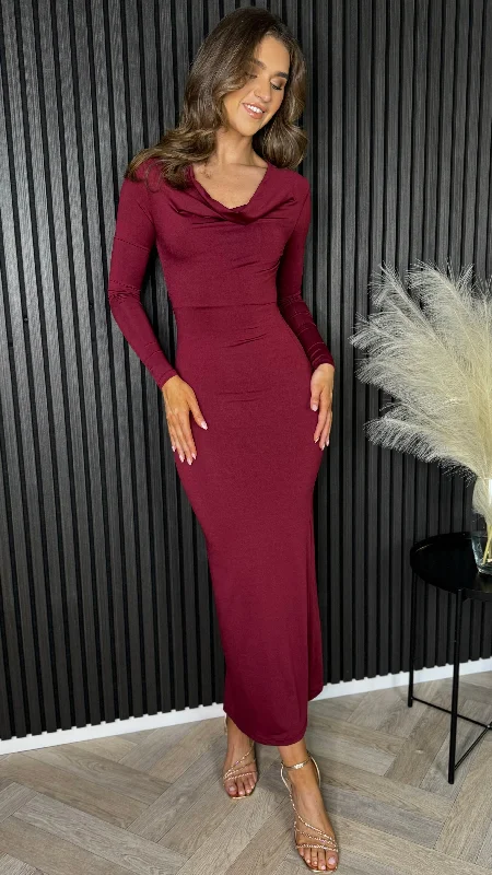 women's breathable dressesAlisha Burgundy Cowl Neck Long Sleeve Midi Dress