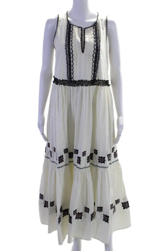 women's lace dressesSuno Women's Round Neck Sleeveless Embroidered Tiered Maxi Dress Cream