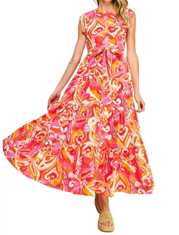 women's evening dressesSleeveless Tiered Maxi Dress In Red Pink