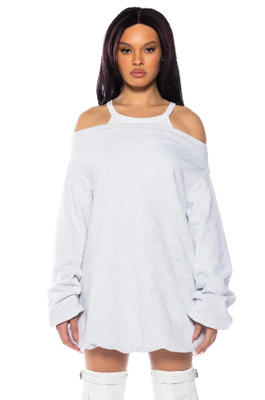 women's minimalist dressesRELAXED CUTIE FRENCH TERRY OFF THE SHOULDER MINI DRESS