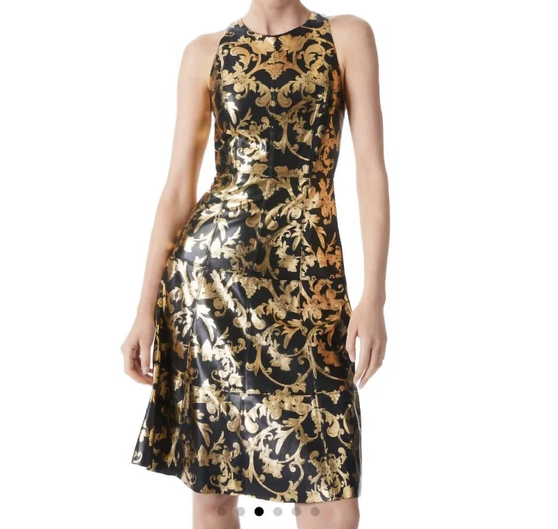 women's maximalist dressesLeandra Vegan Leather Midi Dress in Florence Scroll