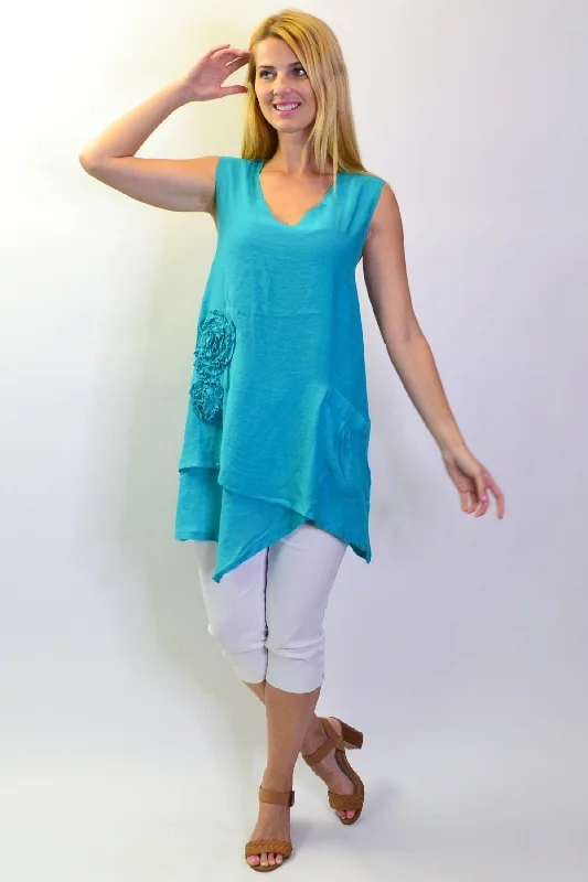 luxury women's coatsBlue Applique Sleeveless Tunic Top