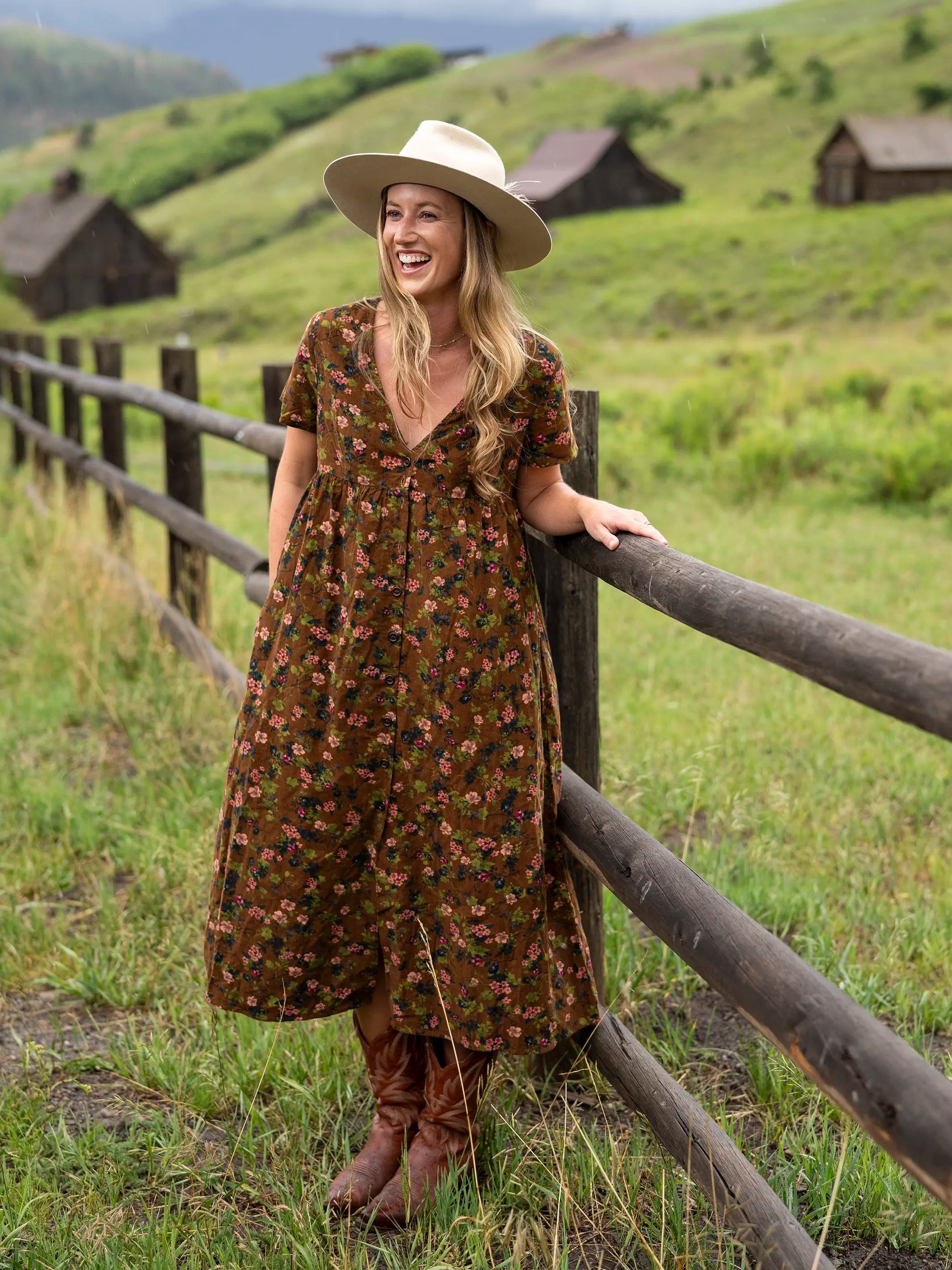 women's pear-shaped body dressesAvery Corduroy Midi Dress - Brown Green Bouquets Floral