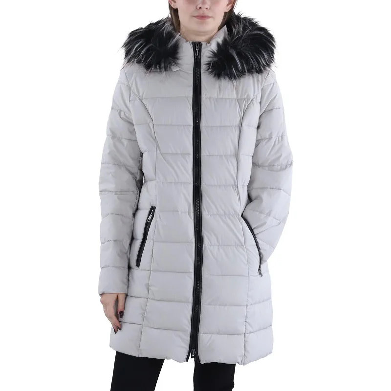 women's coats for cozy nights inWomens Faux Fur Trim Hooded Puffer Jacket