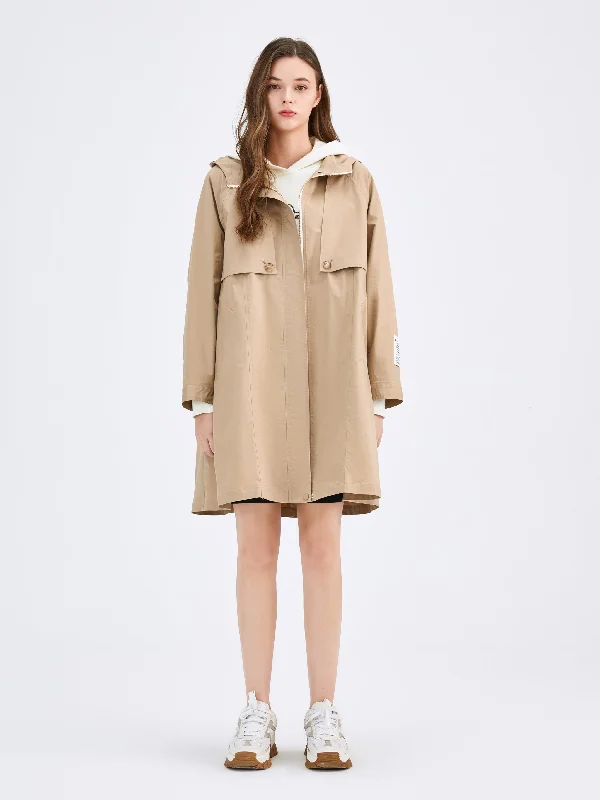 women's coats with fur collarsKhaki Hooded Windproof Trench Coat