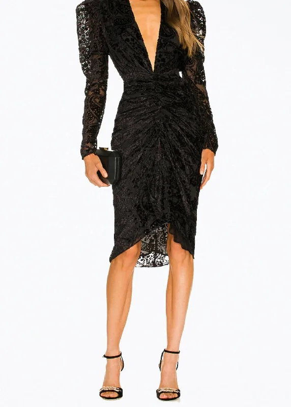 women's bespoke dressesSade Ruched Velvet-Jacquard Midi Dress in Black