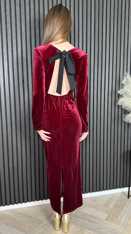 women's wedding guest dressesClarice Burgundy Back Bow Detail Midi Dress