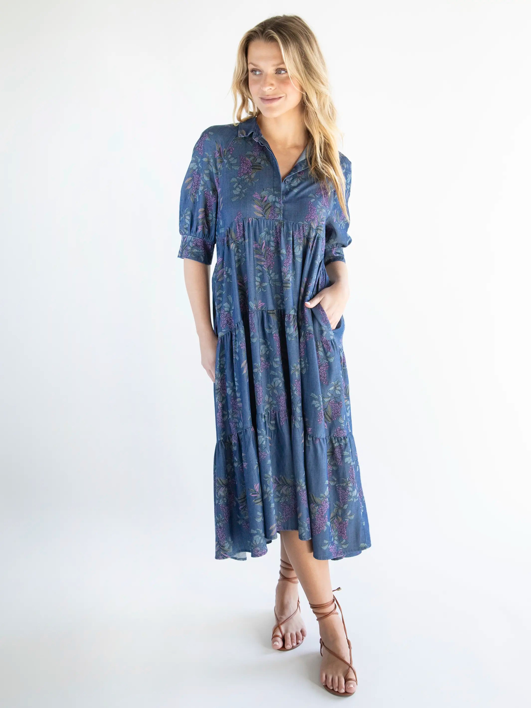 women's midi dressesRebecca Midi Dress - Denim Wisteria Floral