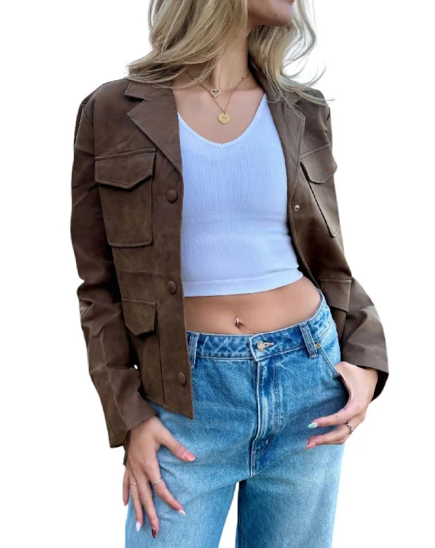 women's coats for those who believe in investing in quality fashionFaux Leather Collar Neck Pocket Jacket In Brown