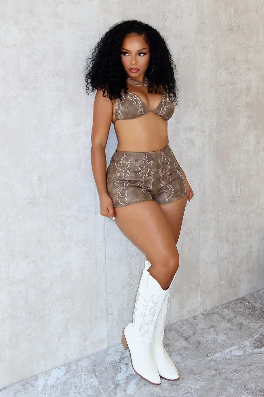 Saddle PU Western Bra Top & Shorts SET