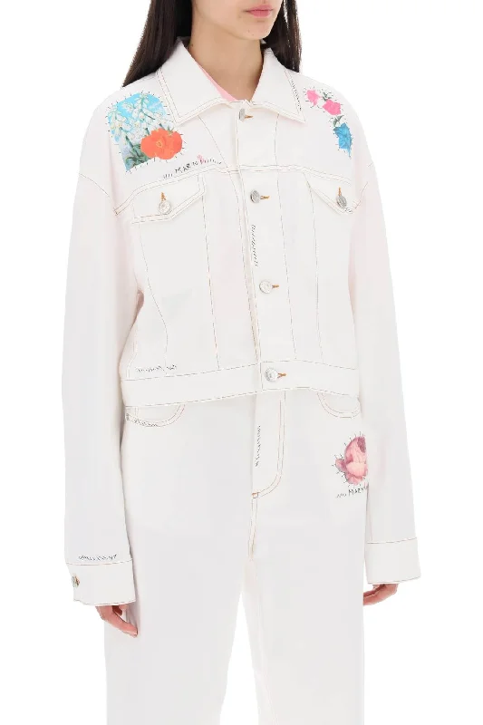 women's coats with removable fur liningsMarni "cropped Denim Jacket With Flower Patches And Embroidery"