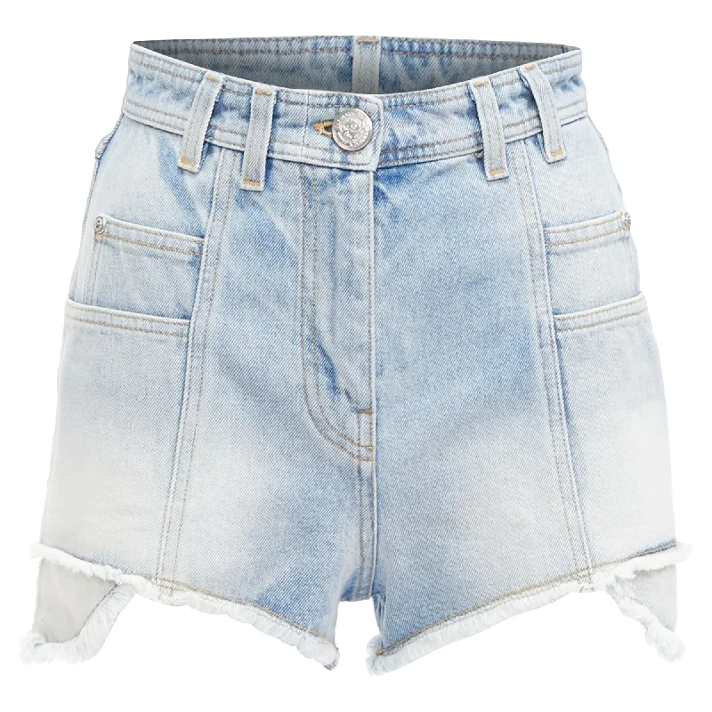 women's dress shortsBalmain washed cotton denim panel pockets cut cutaway cargo shorts