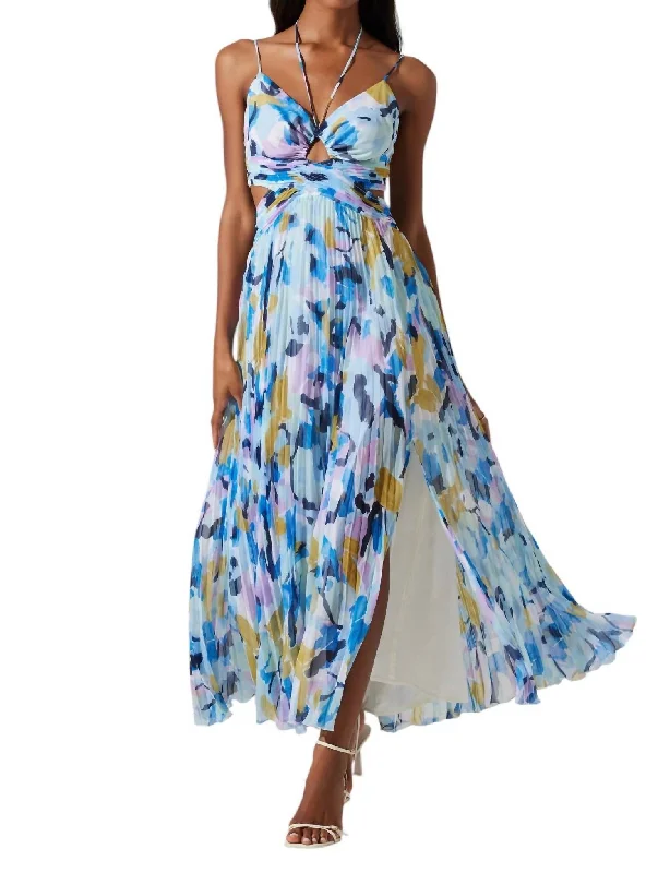 women's unique dressesAquata Floral Pleated Maxi Dress In Aqua Blue