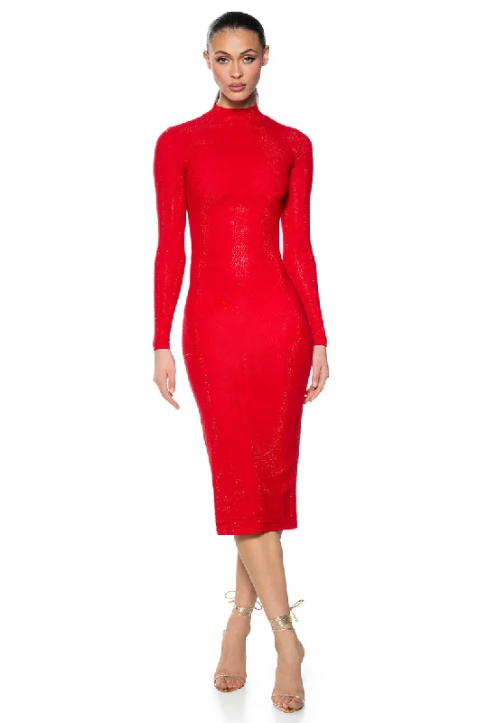 women's sustainable dressesKEEP WALKIN RHINESTONE MIDI DRESS IN RED