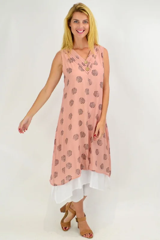 women's coats with asymmetrical hemsSleeveless Dusty Pink Dots Overlay Tunic Dress