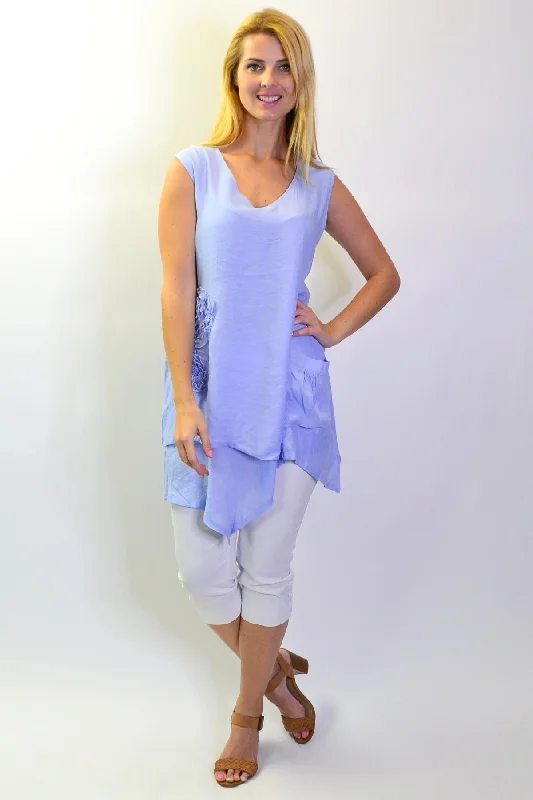 women's coats for those who seek both warmth and flairBaby Blue Applique Sleeveless Tunic Top