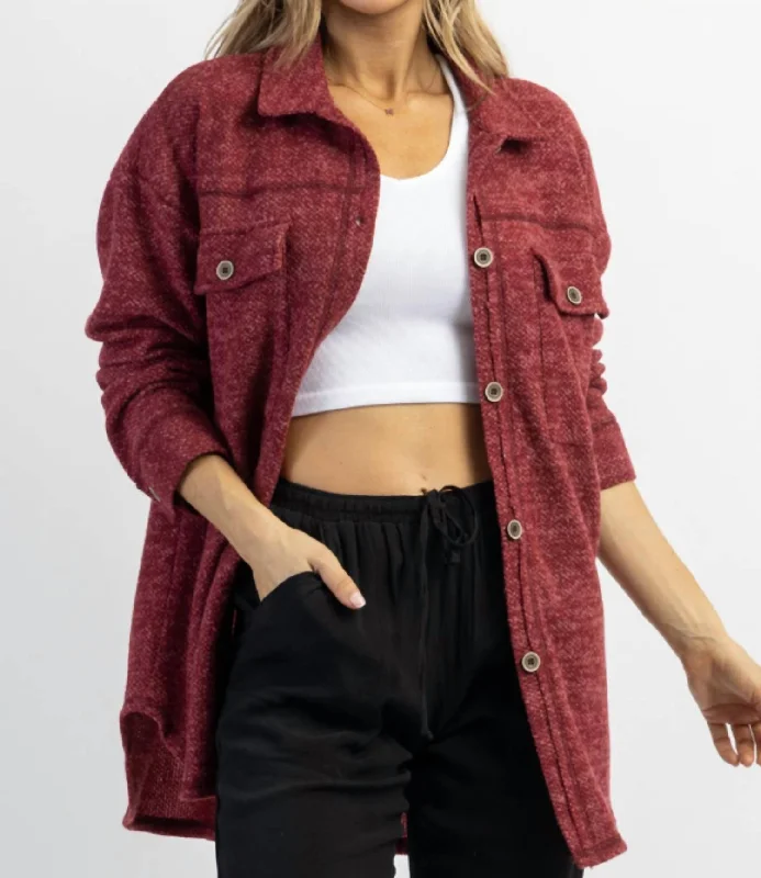 women's coats with Victorian-era influencesWoodstock Relaxed Shirt Jacket In Burgundy