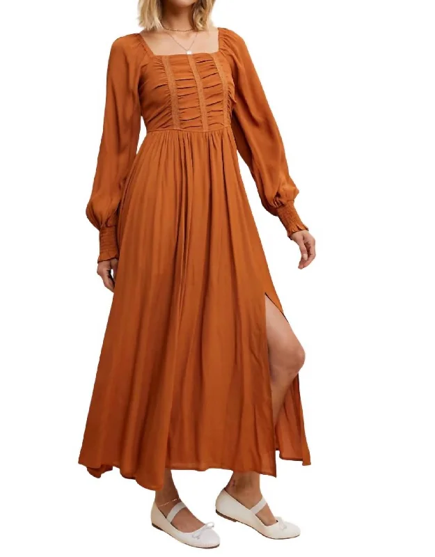 women's custom dressesRust Orange Ruched Bodice Square Neck Maxi Dress In Sepia