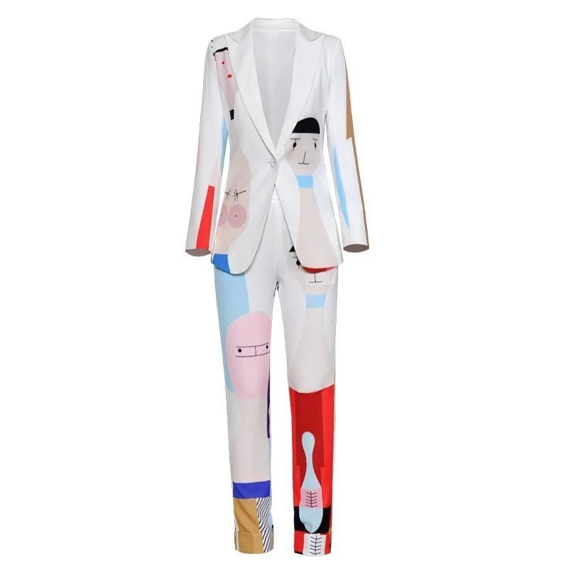 Cartoon Print One Button Women's Pants Suit