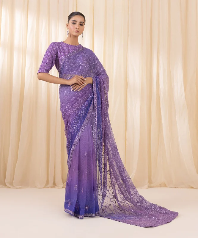 3 Piece -  Embroidered Net Saree