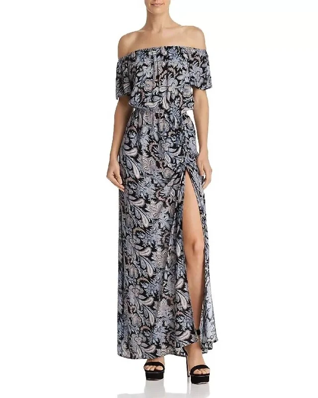 women's denim dressesPaisley Print Off The Shoulder Maxi Dress In Multicolor