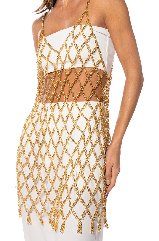 women's wedding guest dressesELODIE CHAIN CHAIN MINI DRESS IN GOLD