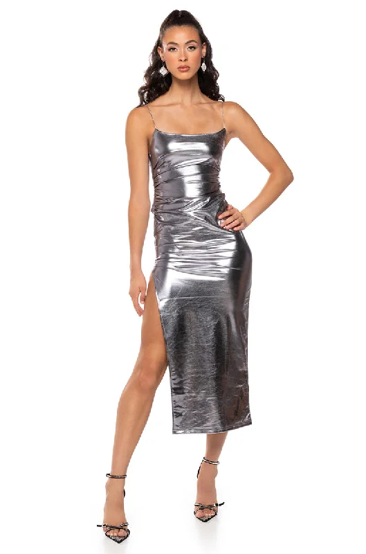 women's bridesmaid dressesCLUB SEATS METALLIC MIDI DRESS