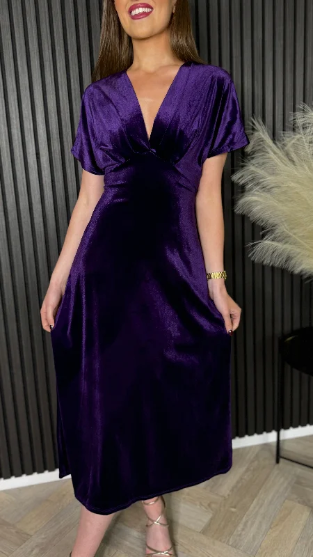 women's satin dressesMerritt Purple V Neckline Velvet Finish Midi Dress