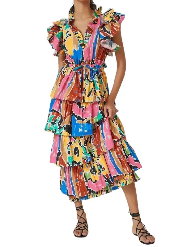 women's luxury dressesV Neck Ruffle Maxi Dress In Multicolor