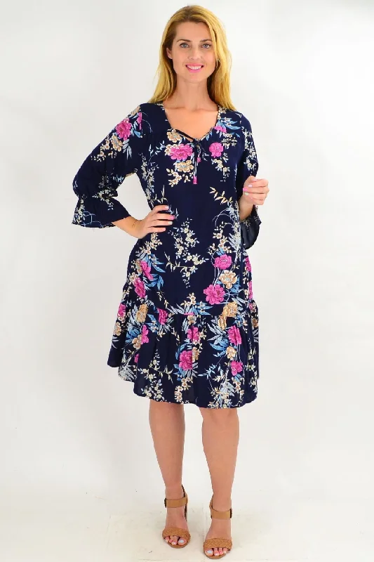 women's coats for layeringNavy Carnation Flower Sleeve Tunic Dress