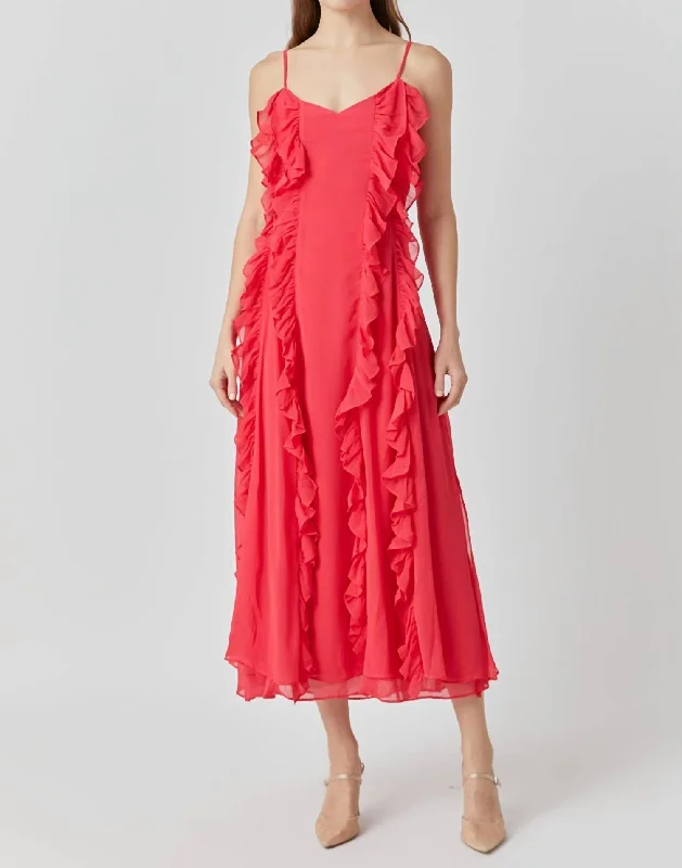 women's apple-shaped body dressesChiffon Ruffled Spaghetti Maxi Dress In Red