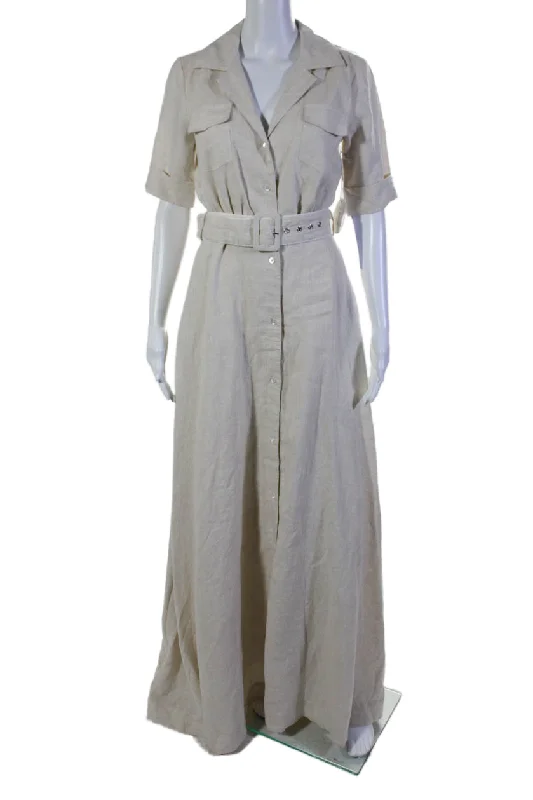 women's satin dressesStaud Womens Linen Short Sleeve Belted Buttoned A Line Maxi Dress Beige