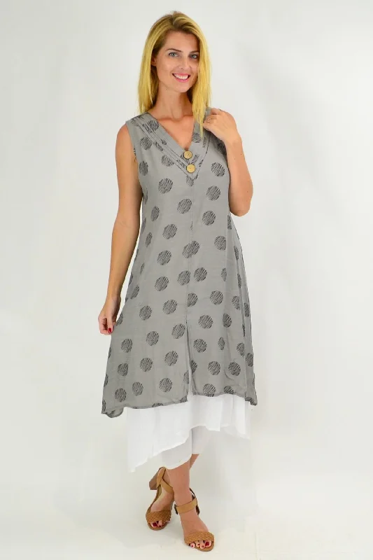 women's coats for pear-shaped bodiesSleeveless Grey Dots Overlay Tunic Dress