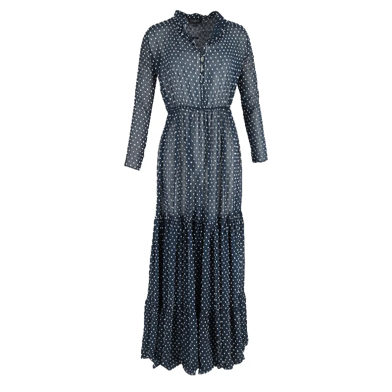 women's lace dressesSaloni Polka Dot Print Maxi Long Sleeve Dress in Navy Blue Polyester