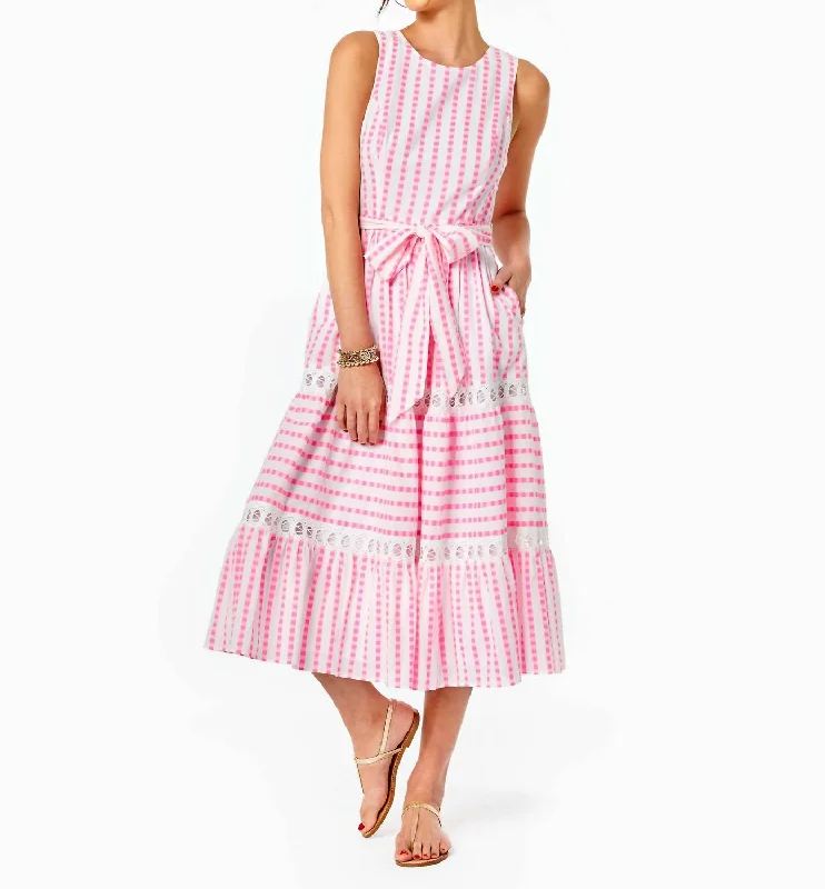 women's minimalist dressesMaybella Tiered Midi Dress in Gingham Stripe Jacquard