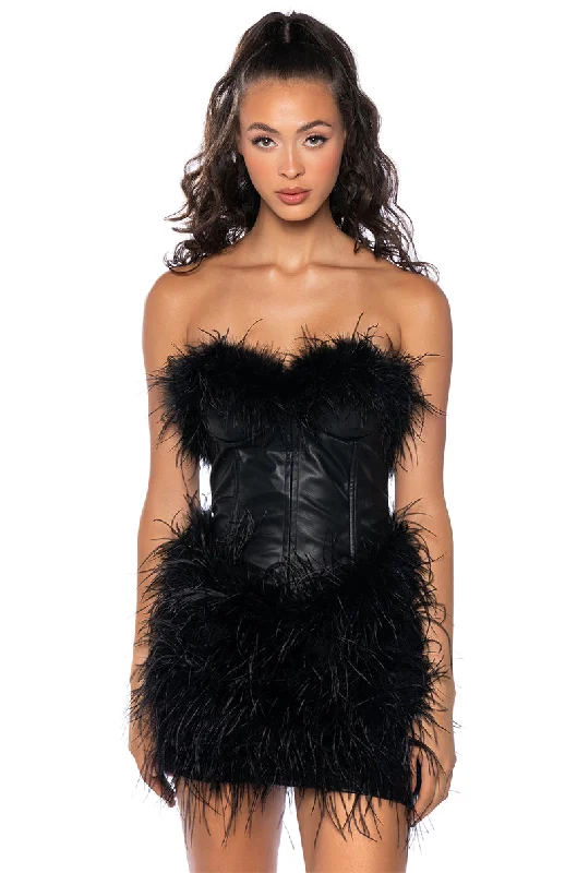 women's denim dressesFATAL ATTRACTION FEATHER DETAILED MINI DRESS