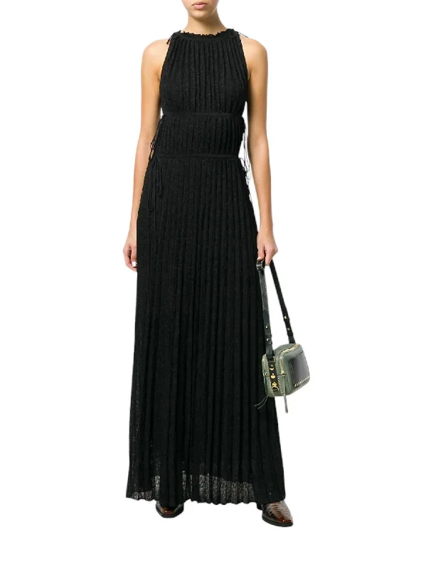 women's handmade dressesKnit Floral Glitter Pleated Long Maxi Dress In Black