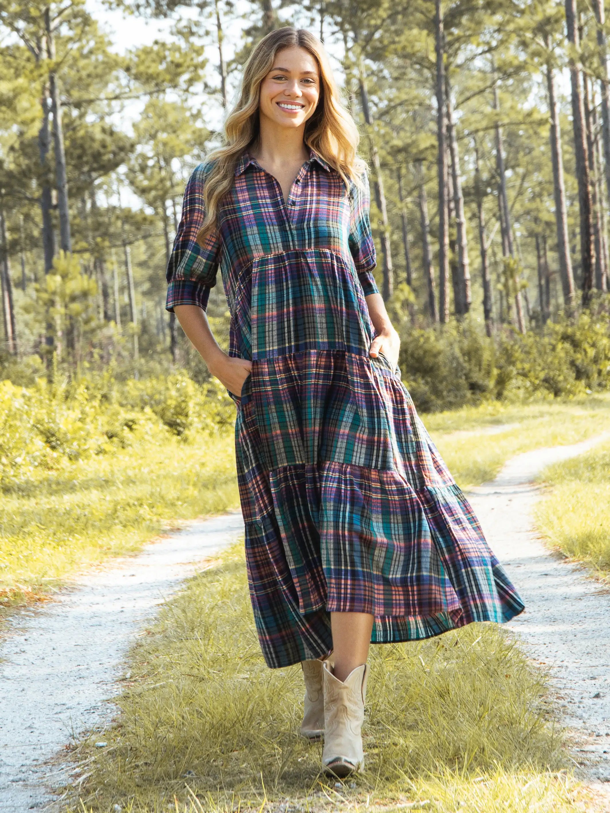 women's cocktail dressesRebecca Flannel Midi Dress - Rainbow Plaid